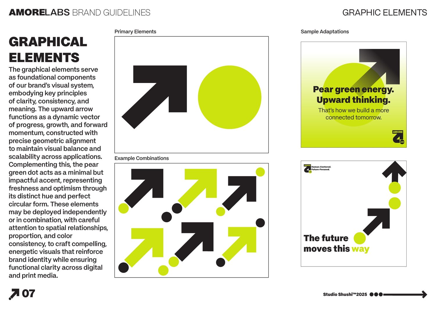 Amore Labs graphic system, arrow and dot sample adaptations